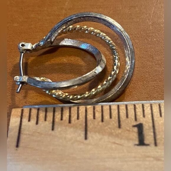 Two-Tone Triple Hoop Rope Twist Earrings Silver Gold Tone Latch Back Textured 1" - Picture 2 of 2